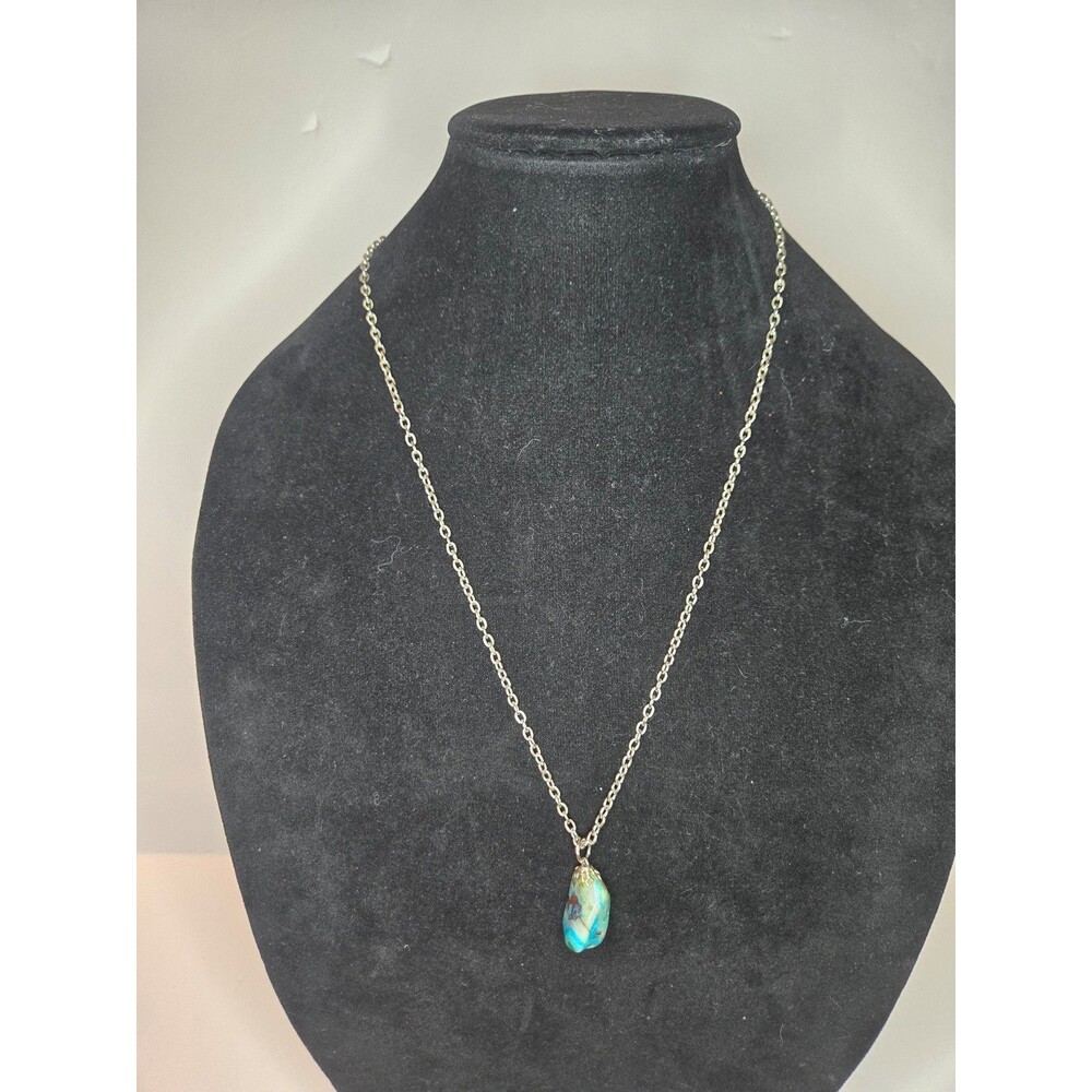Silver Tone Necklace with Faux Natural Stone Pendant Teal White